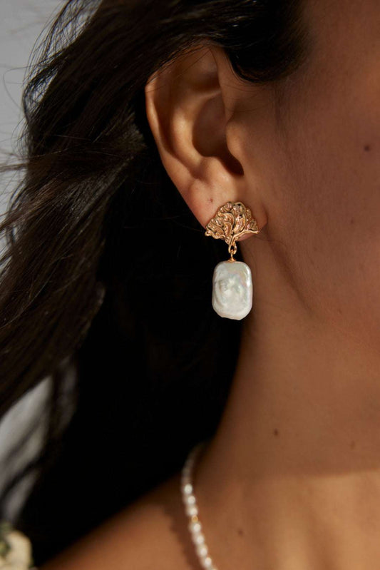 Ginkgo Pearl Drop Earrings – 925 Sterling Silver, 18K Retro Gold - TAMO Jewellery