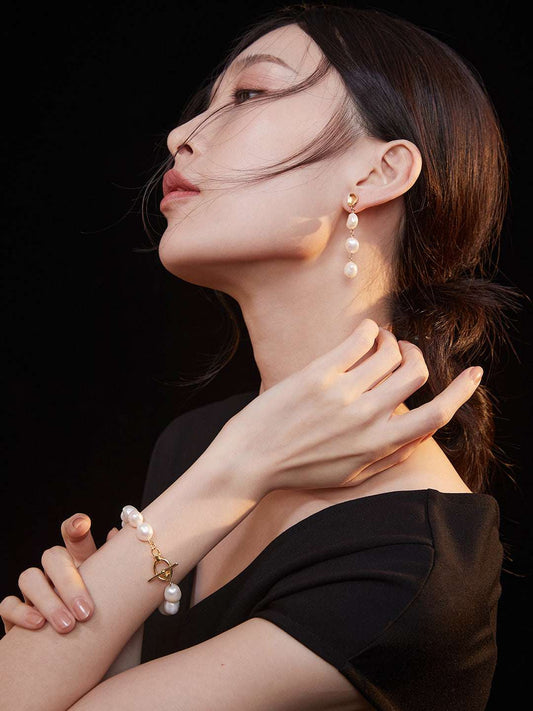 Baroque Pearl Long Drop Earrings – 925 Sterling Silver, 18K Gold - TAMO Jewellery