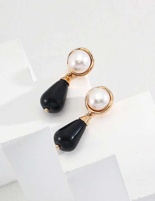 Black Onyx & Pearl Drop Earrings – 925 Sterling Silver, 18K Retro Gold - TAMO Jewellery