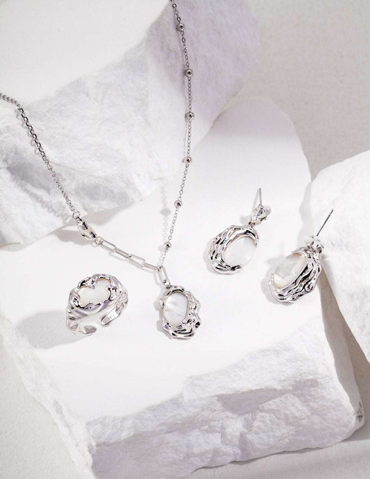 Molten Lava Mother of Pearl Gift Set – Necklace & Earrings (Ring Optional), 925 Sterling Silver, 18K White Gold / 18K Retro Gold