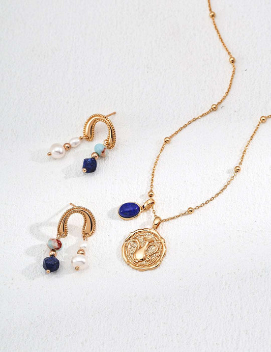 S925 Silver Pearl & Lapis Lazuli Jewelry Set – Earrings & Necklace with Optional Enamel Ring