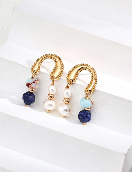 S925 Silver Pearl & Lapis Lazuli Earrings with Shoushan Stone – Vintage Gold