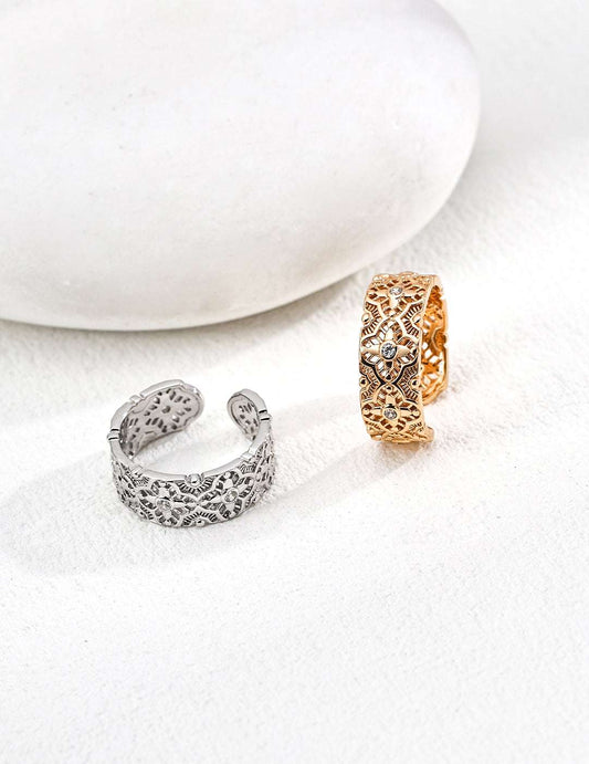 Vintage Zircon Ring – Adjustable 925 Sterling Silver, 18K Retro Gold / 18K White Gold