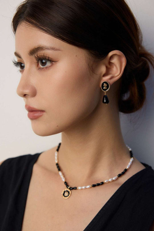 Vintage Black Cameo Drop Earrings – 925 Sterling Silver, 18K Retro Gold