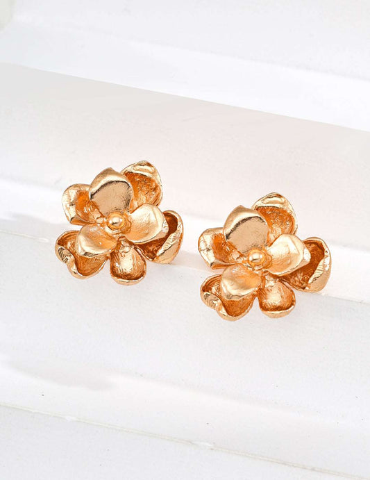 Floral Stud Earrings – 925 Sterling Silver, 18K Retro Gold