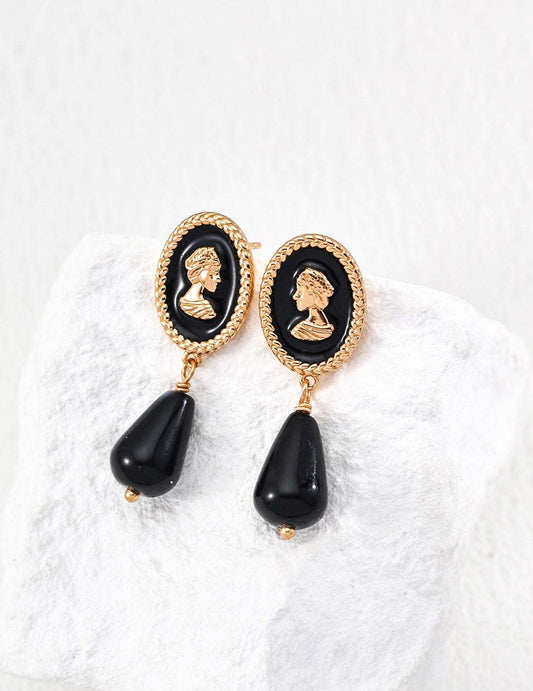 Vintage Black Cameo Drop Earrings – 925 Sterling Silver, 18K Retro Gold