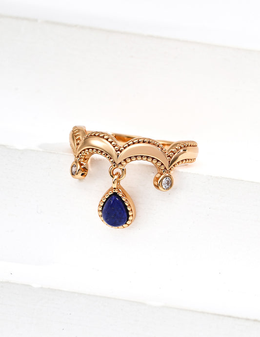 S925 Silver Vintage Lapis Lazuli & Zircon Ring – Adjustable Gold Finish