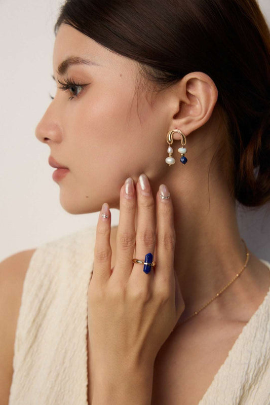 S925 Silver Pearl & Lapis Lazuli Earrings with Shoushan Stone – Vintage Gold