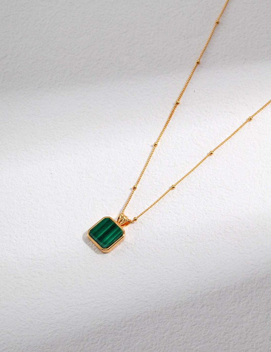 Malachite Pendant Necklace – 925 Sterling Silver, 18K Retro Gold