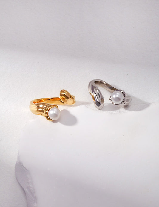 Liquid Silver Pearl Ring – 925 Sterling Silver, 18K White Gold / 18K Retro Gold
