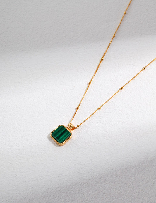 Malachite Pendant Necklace – 925 Sterling Silver, 18K Retro Gold
