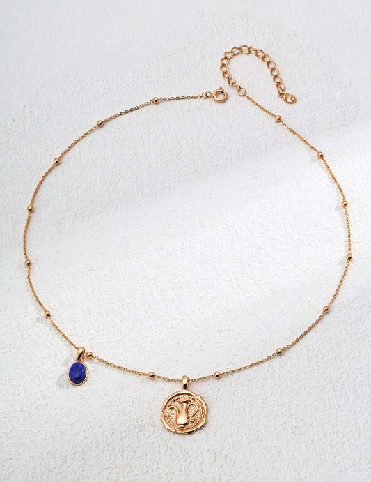 S925 Sterling Silver Lapis Lazuli Pendant Necklace – Vintage Gold, 40+6cm